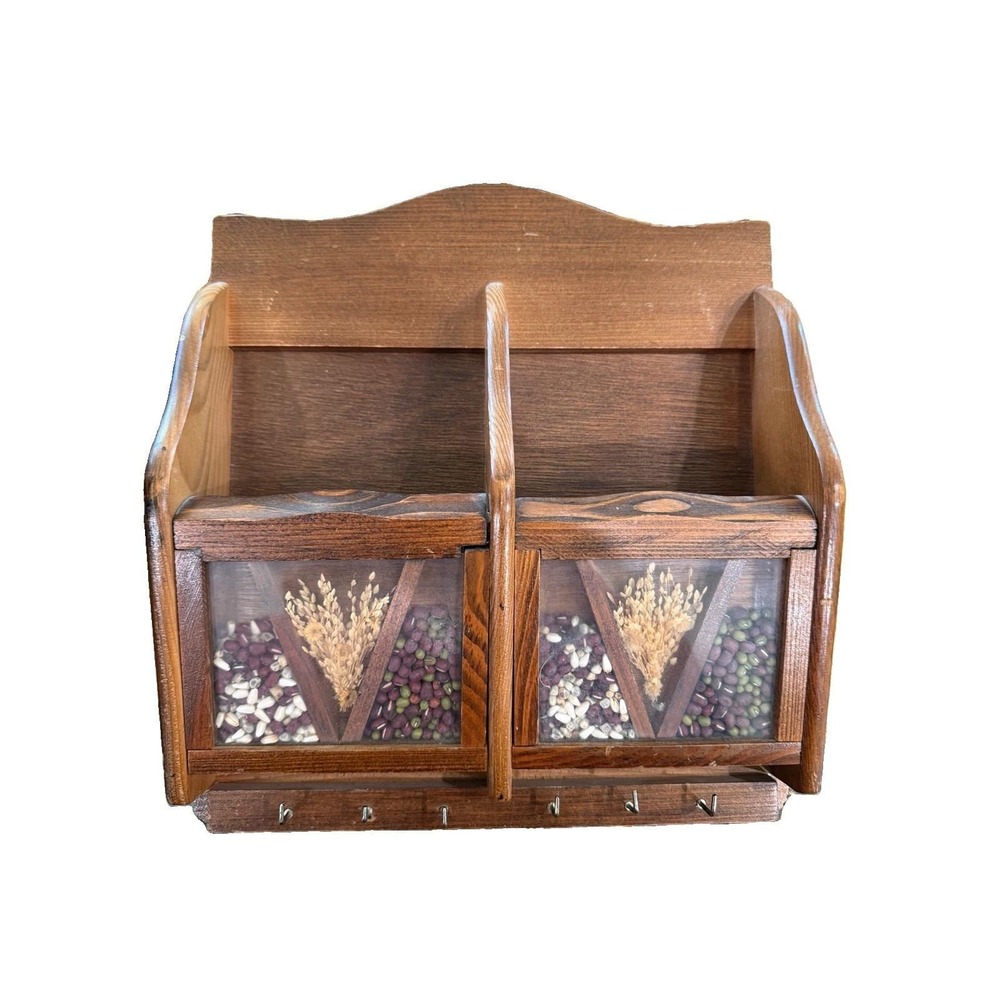 Vintage 1970s Wood Mail & Key Holder Wall Organizer Seed Wheat Cottagecore